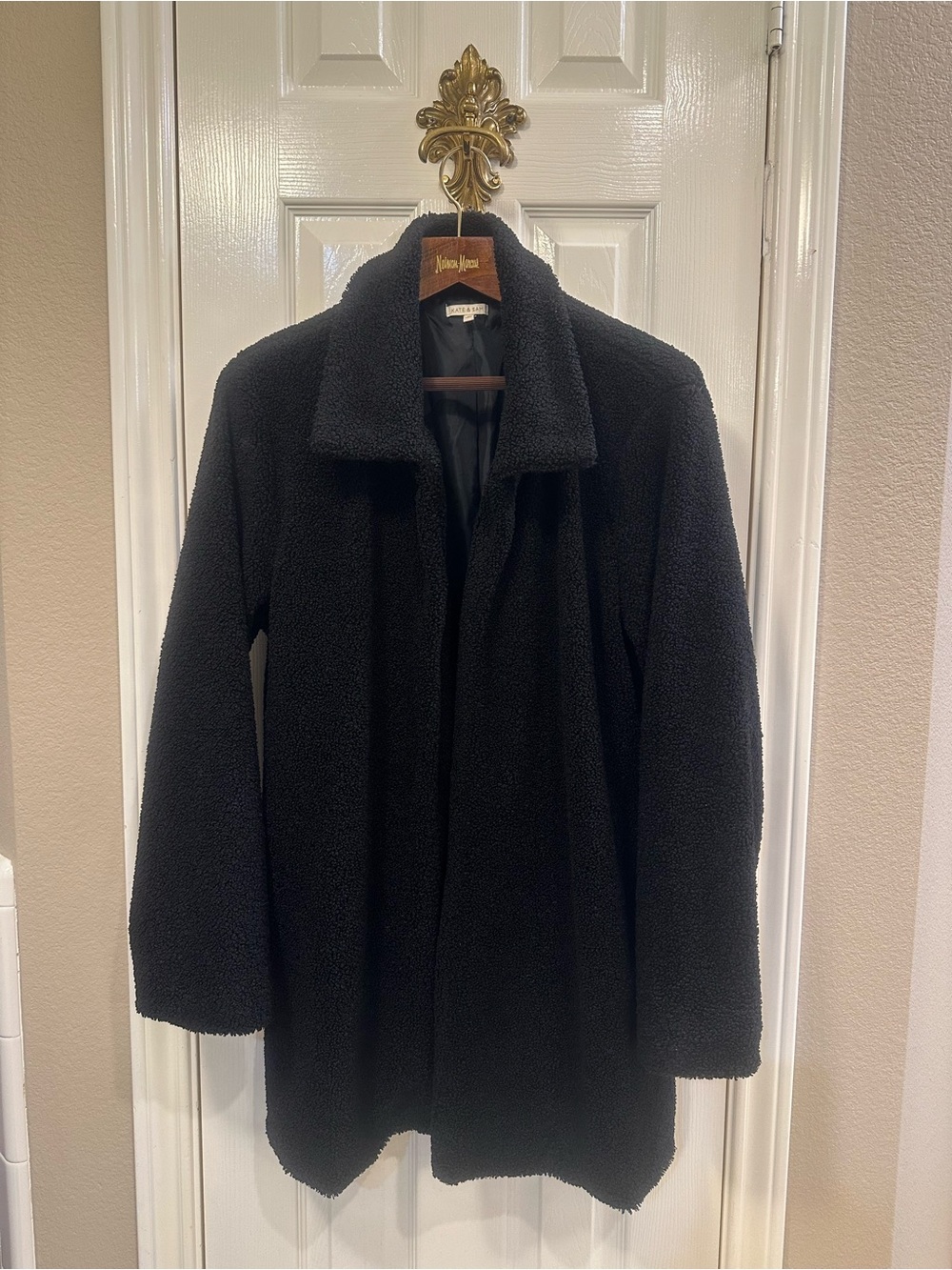 KATE & SAM Black Sherpa Faux Fur Teddy Bear Coat Jacket Knee Length Extra Large